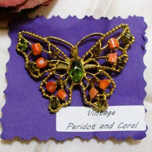 Vintage CORAL PERIDOT Butterfly Brooch: Gold Plate Openwork GEMSTONE Insect Pin